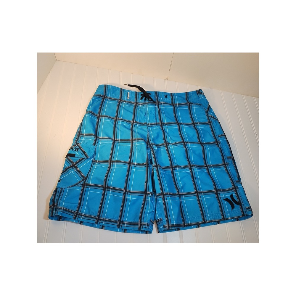 Hurley Mens Blue Plaid Board Shorts Swim Trunks Size 36 Surf Beach Y2K Skate